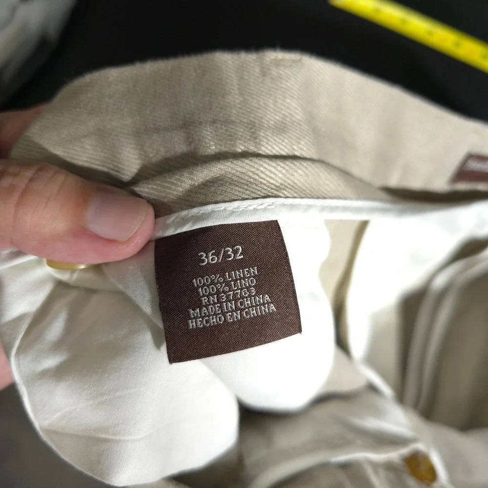 Perry Ellis Linen Pants Mens 36x32 Beige Khaki Straight Leg Flat Front Trousers